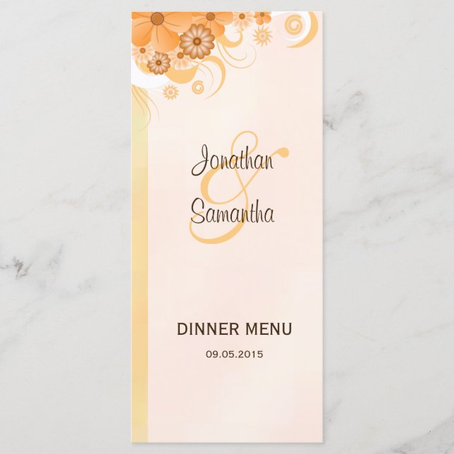 Ivory Gold Peach Hibiscus Floral Dinner Menu Cards (Front)