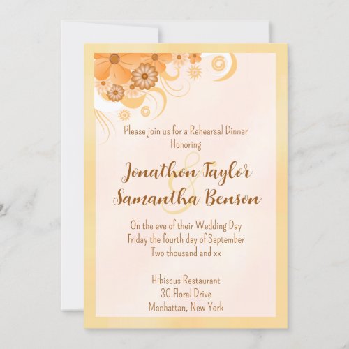 Ivory Gold Peach Hibiscus Floral Rehearsal Dinner Invitation