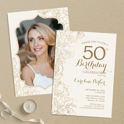 Ivory Gold Photo 50th Birthday Party Invitation