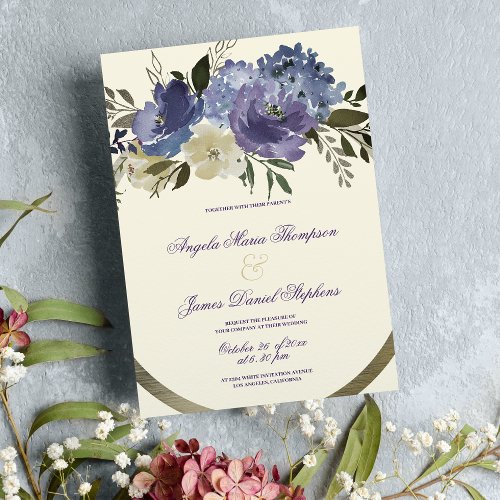 Ivory gold purple lilac blue green floral wedding invitation