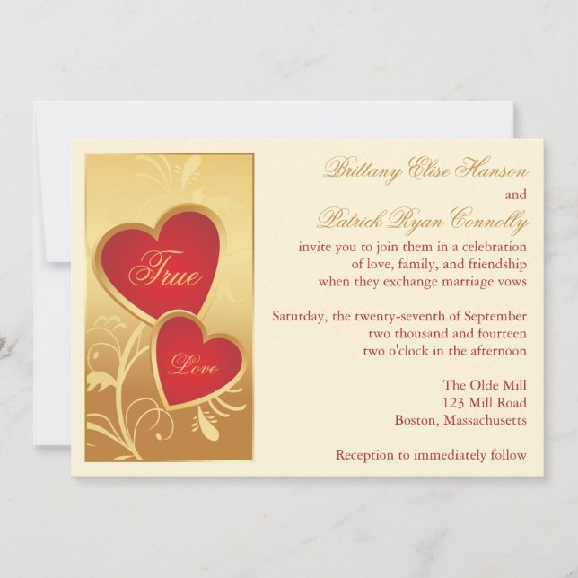 Ivory, Gold, Red Hearts Wedding Invitation (Front)