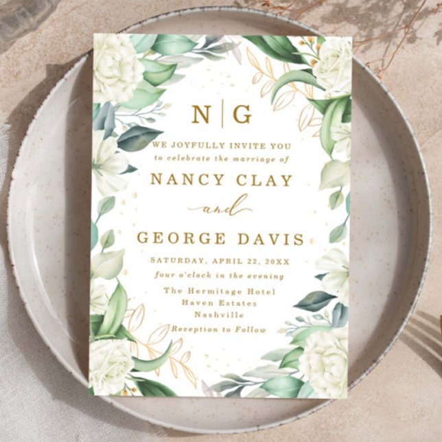  Ivory Gold Rose Floral Frame Monogram Wedding Invitation (Creator Uploaded)