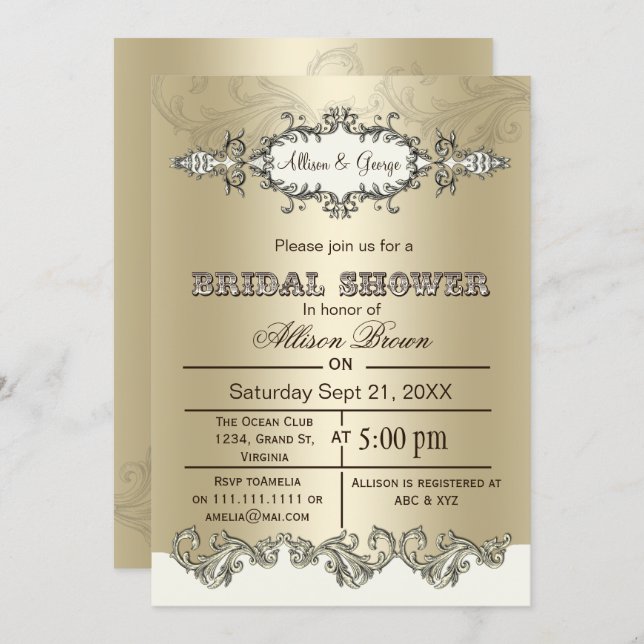 Ivory Gold Scroll Elegant bridal shower Invites (Front/Back)