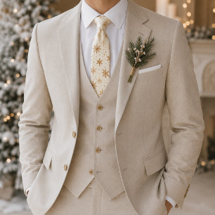 Ivory Gold Watercolor Snowflake Winter Neck Tie