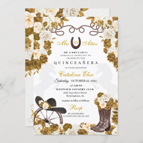 Ivory Gold Western Charro Boots Quinceanera Invitation