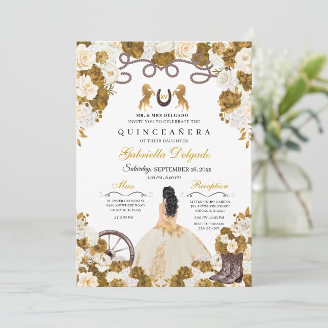 Ivory & Gold Western Charro Cowgirl Quinceanera Invitation (Standing Front)