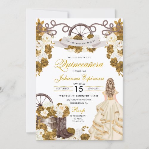 Ivory Gold Western Ranchero Cowgirl Quinceanera Invitation