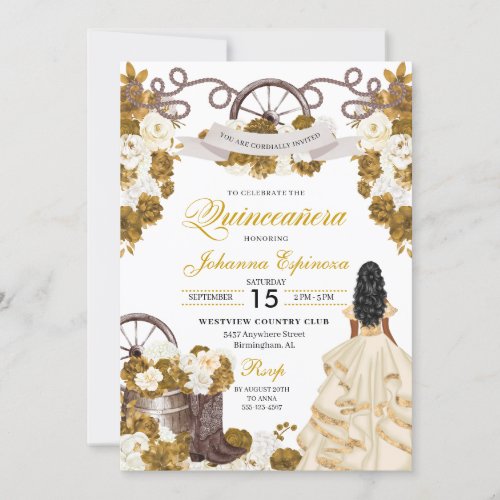 Ivory Gold Western Ranchero Cowgirl Quinceanera Invitation