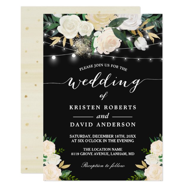 Ivory Gold White Floral String Lights Wedding Invitation