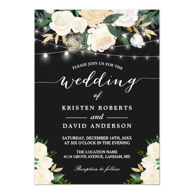 Ivory Gold White Floral String Lights Wedding Invitation