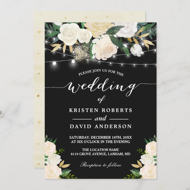 Ivory Gold White Floral String Lights Wedding Invitation (Front/Back)