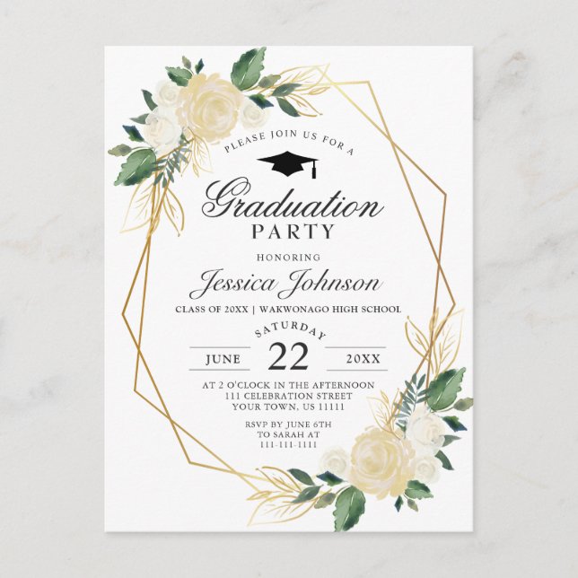 Ivory Golden Floral Graduation Party Invitation Postcard (Front)