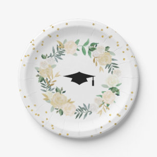 Ivory Golden Floral Modern Frame Graduation Party Paper Plates