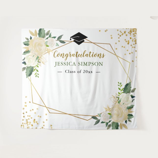 Ivory Golden Floral Modern Photo Grad Backdrop (Front (Horizontal))