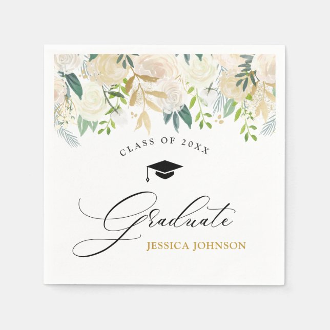 Ivory Golden Floral Modern Style Graduation Party Napkins (Front)
