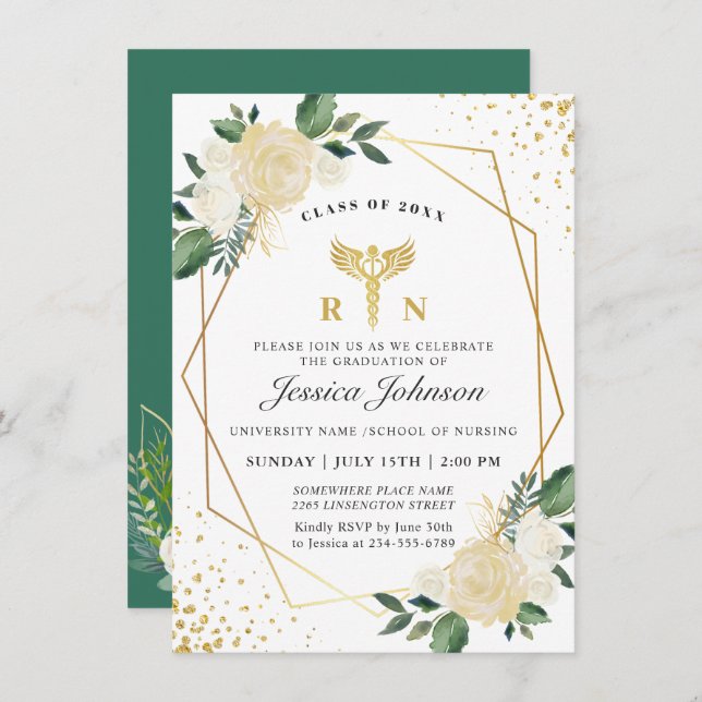 Ivory Golden Floral Nursing School Graduation Invitation (Front/Back)