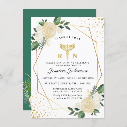 Ivory Golden Floral Nursing School Graduation Invitation