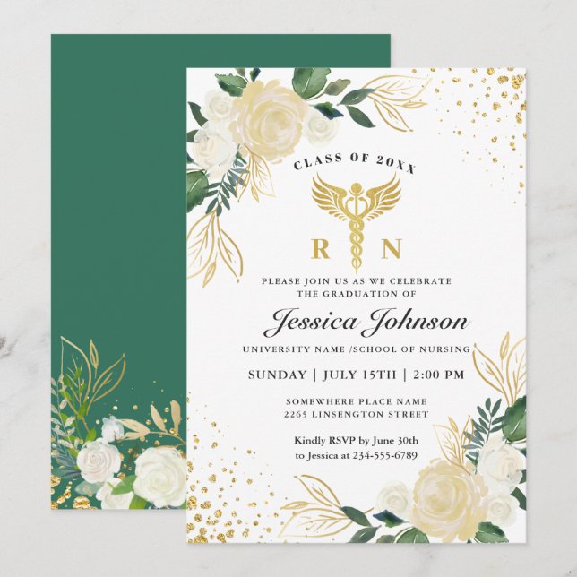 Ivory Golden Floral Nursing School Graduation Invitation (Front/Back)