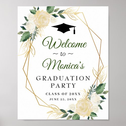 Ivory Golden Floral  Welcome Graduation Party Poster