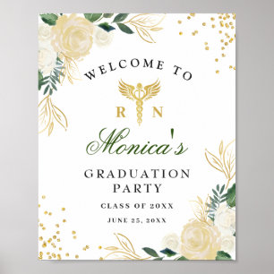 Ivory Golden Floral Welcome Graduation Party Poster