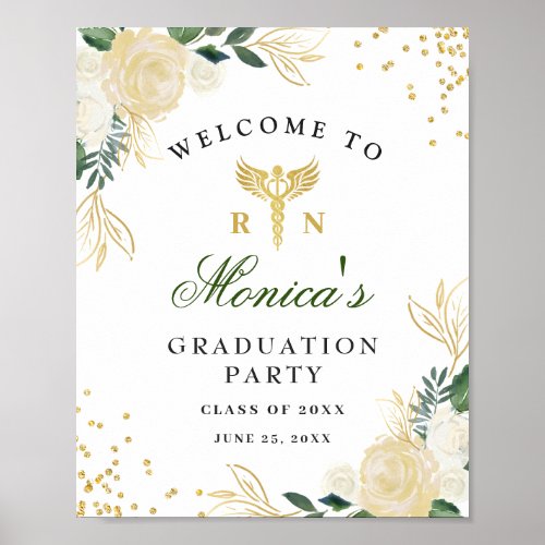 Ivory Golden Floral  Welcome Graduation Party Poster