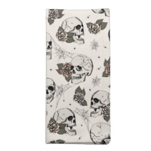 Ivory Gothic Skulls and Roses Halloween Cloth Napkin