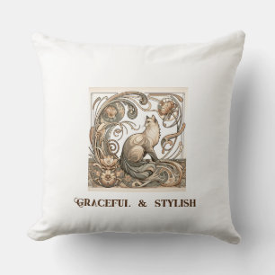 Ivory Graceful and Stylish Art Nouveau Cat Throw Pillow
