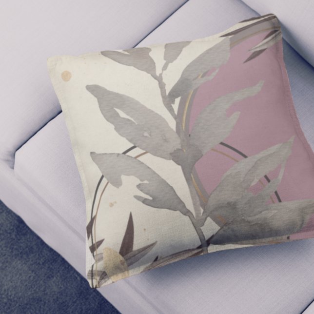 Ivory Gray & Pink Artistic Watercolor Leaves Throw Pillow (Creator Uploaded)