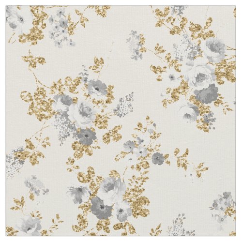 Ivory gray white gold glitter country boho floral fabric