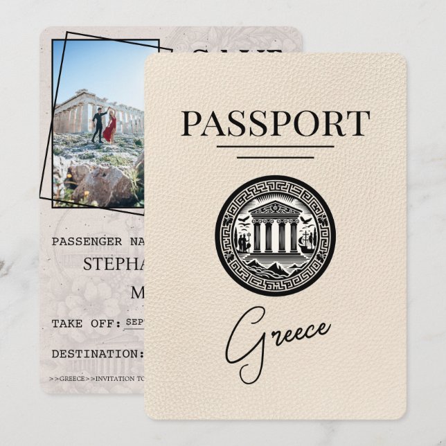 Ivory Greece Passport Save the Date Card (Front/Back)