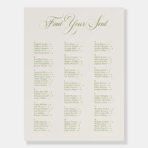 Ivory Green Alphabetical Wedding Seating Chart Foam Board
