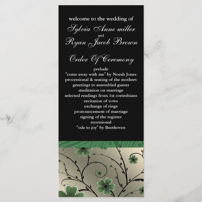 ivory green and black floral Wedding program (Front)