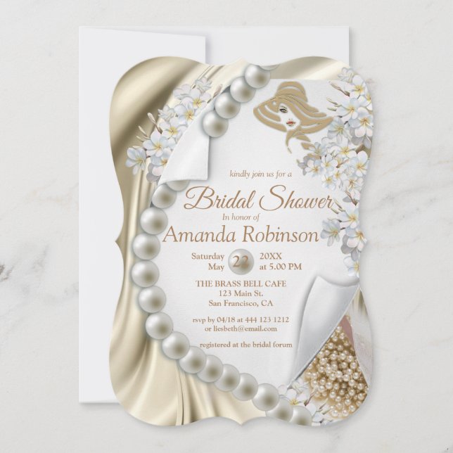 Ivory,Green,Blue,Gold Silk & Pearls Bridal Shower Invitation (Front)