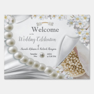 Ivory,Green,Blue,gold Silk & Pearls Wedding Event Sign
