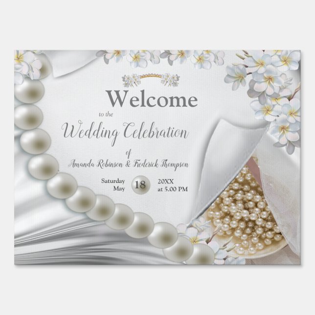 Ivory,Green,Blue,gold Silk & Pearls Wedding Event Sign (Front)