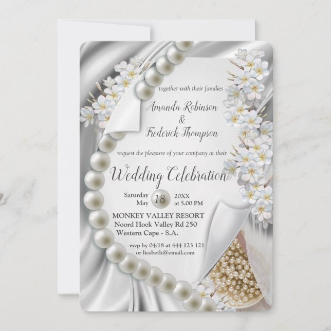 Ivory,Green,Blue,gold Silk & Pearls Wedding Invitation (Front)