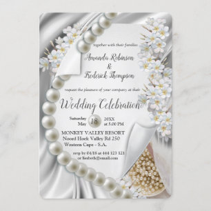 Ivory,Green,Blue,gold Silk & Pearls Wedding Invitation
