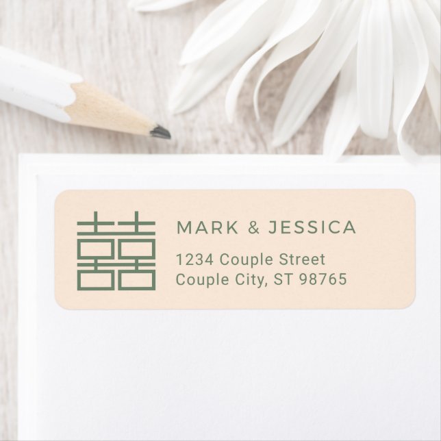 Ivory & Green Double Happiness Wedding Address Label (Insitu)