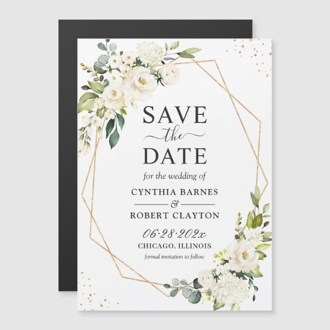 Ivory Green Floral Geometric Save the Date Magnet (Front/Back)