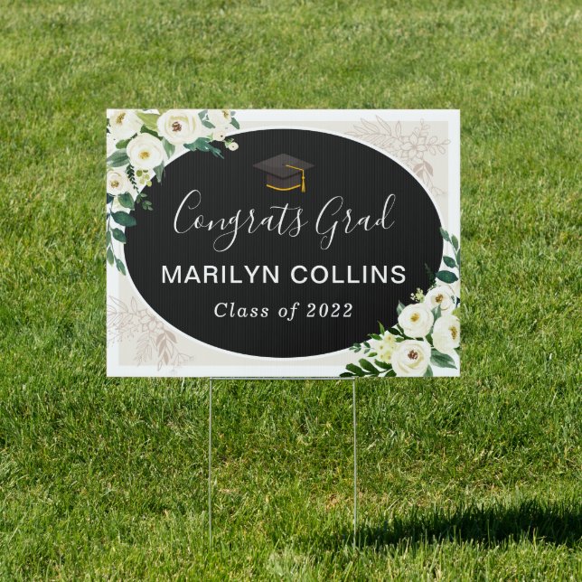 Ivory Green Floral Graduation Yard Sign (Insitu)