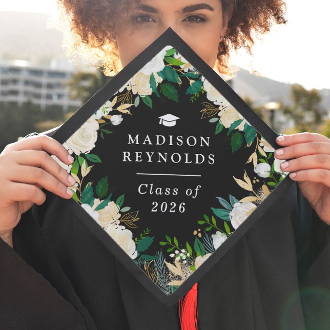 Ivory Green Gold Floral for 2026 Graduate Graduation Cap Topper (Creator Uploaded)