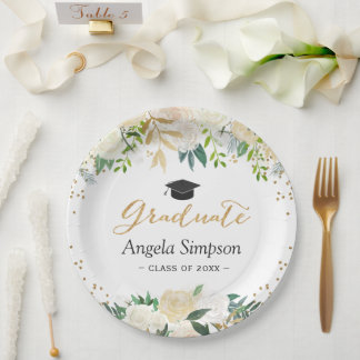 Ivory Green Gold Floral Graduation Graduate Paper Plates