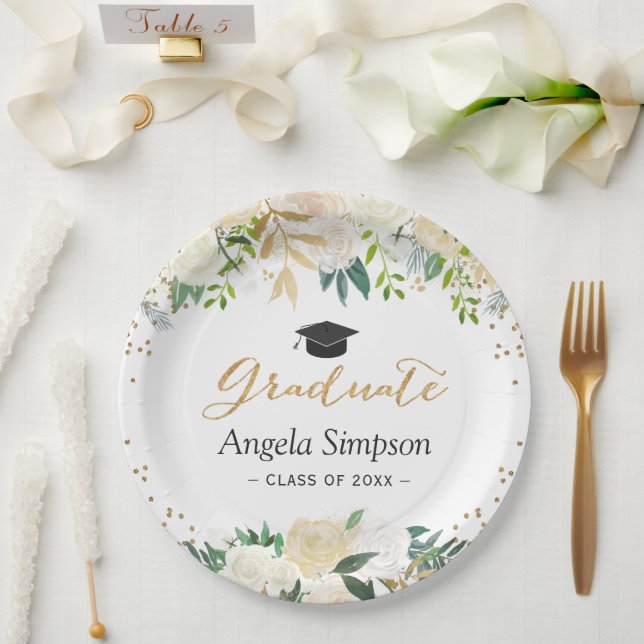 Ivory Green Gold Floral Graduation Graduate Paper Plates (Wedding)