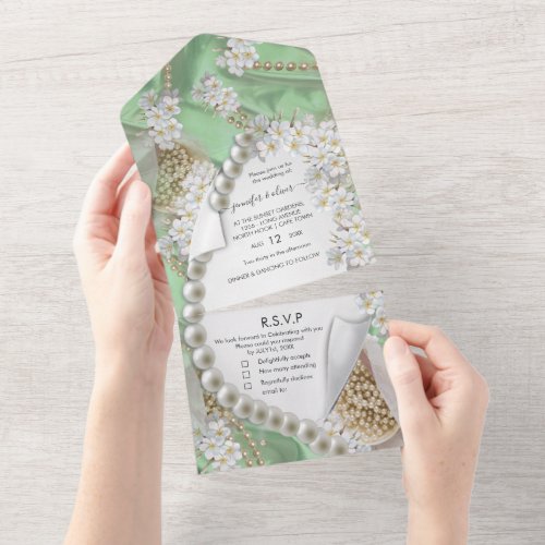 Ivory_Green_Gold Pearls All in One Wedding Invite