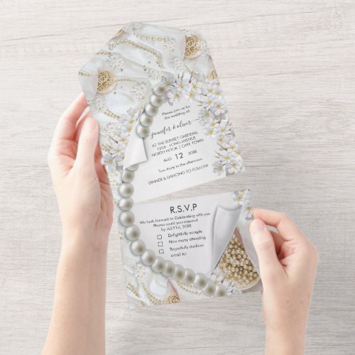 Ivory_Green_Gold Pearls All in One Wedding Invite