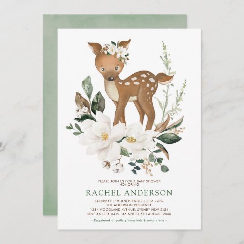 Ivory Green Magnolia Woodland Deer Baby Shower Invitation