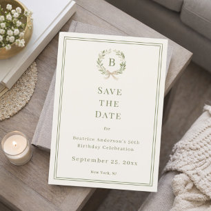 Ivory green monogram wreath birthday save the date