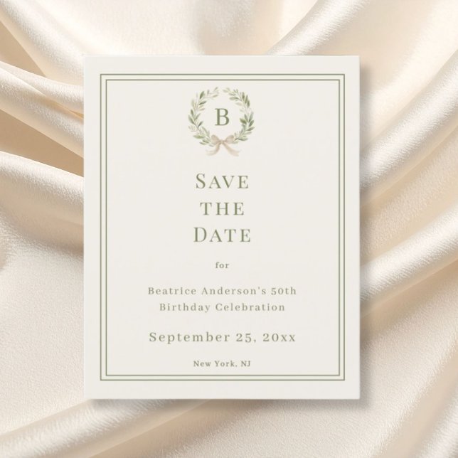 Ivory green monogram wreath birthday save the date flyer (Creator Uploaded)
