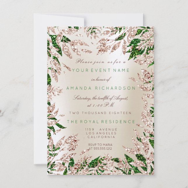 Ivory Green Rose Gold Glitter Leafs Floral Frame Invitation (Front)