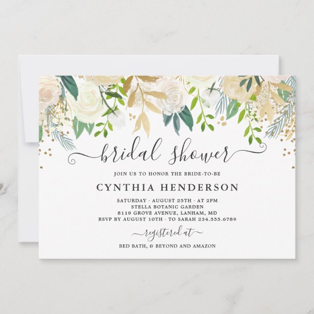 Ivory Greenery Gold Bloom Floral Bridal Shower Invitation (Front)
